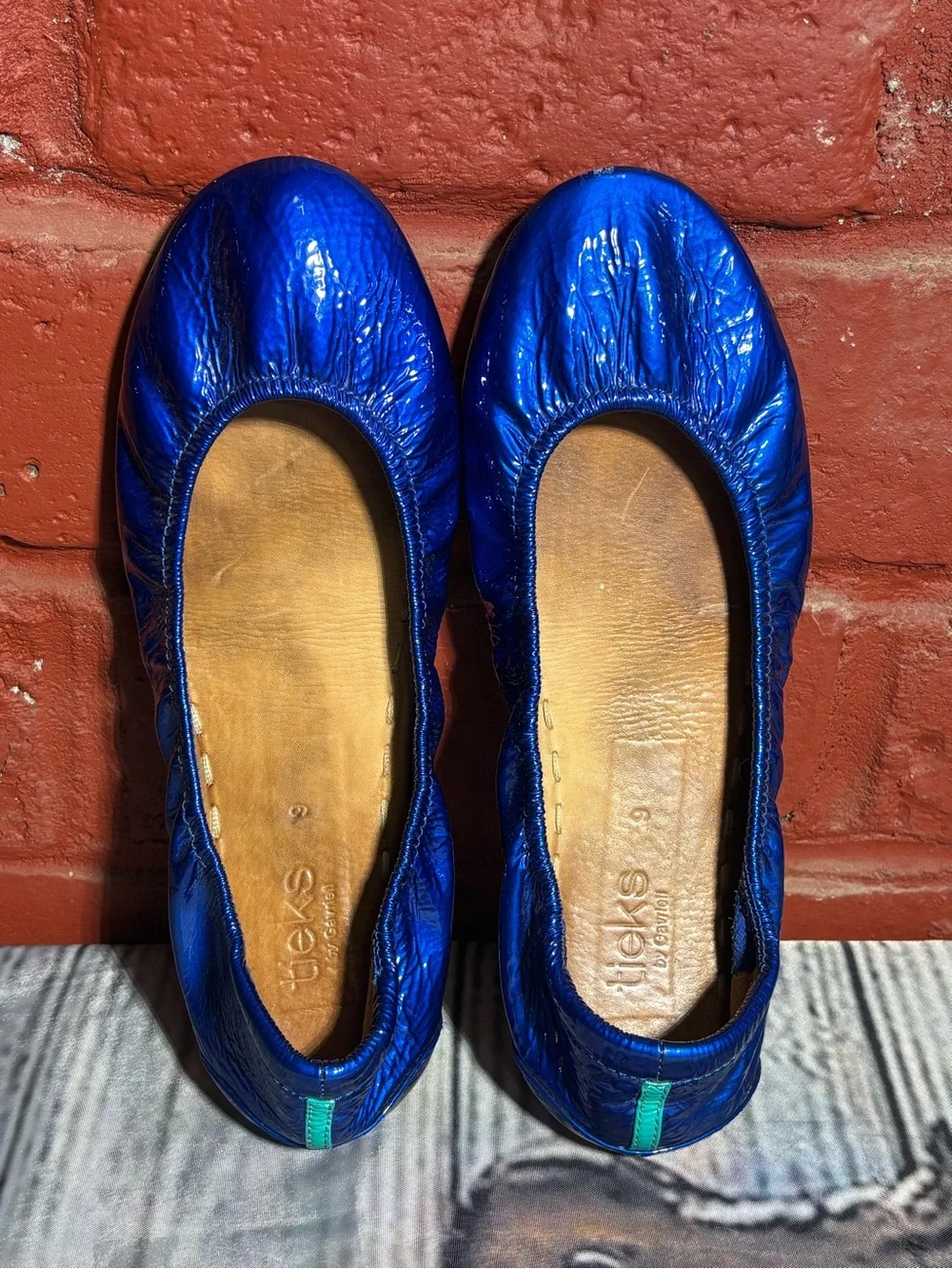 TIEKS Blue Metallic Foldable Ballet Flats with Teal Soles